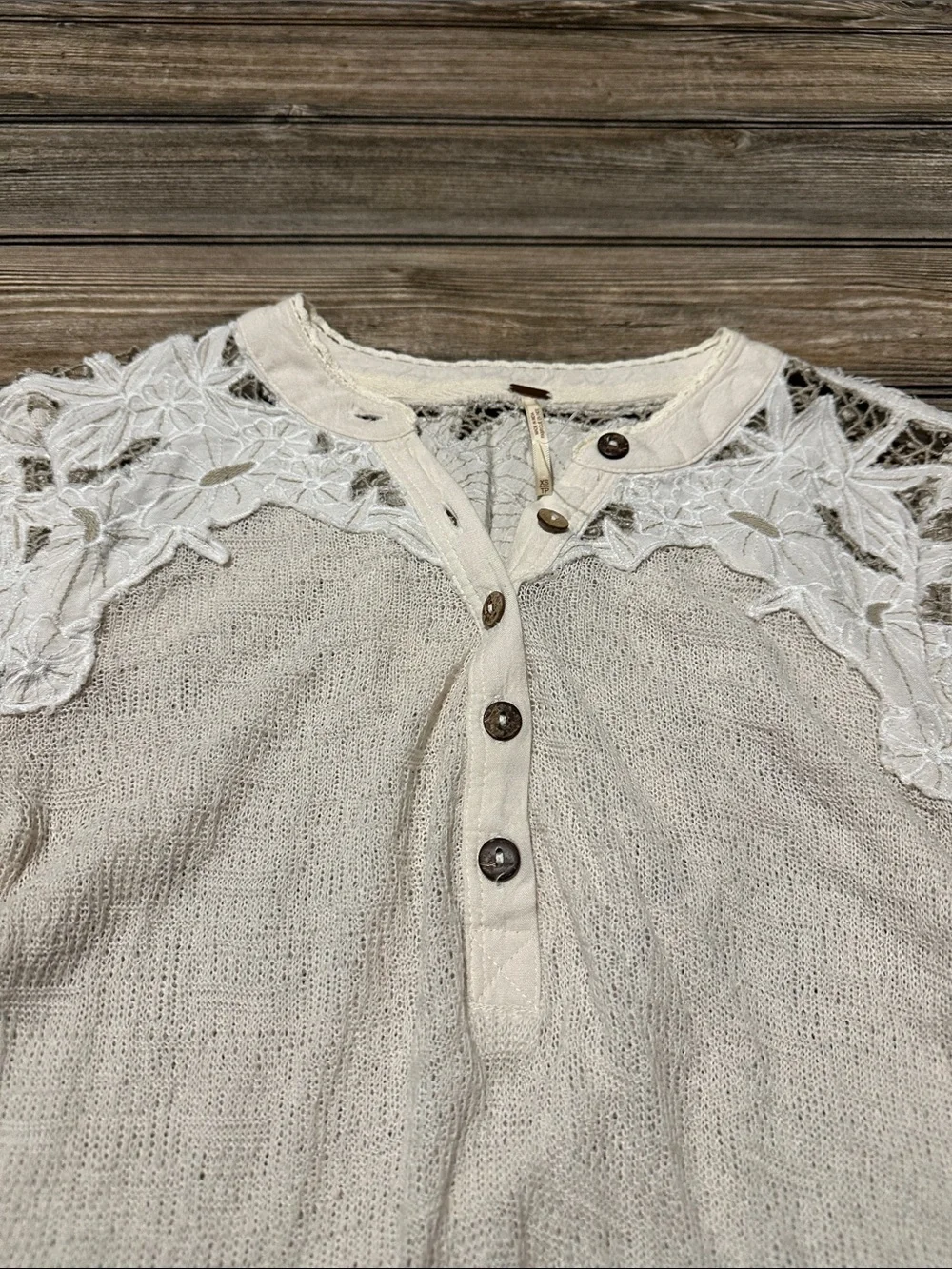 Women’s Lace-Yoke Henley Top in Cream free people size xs
